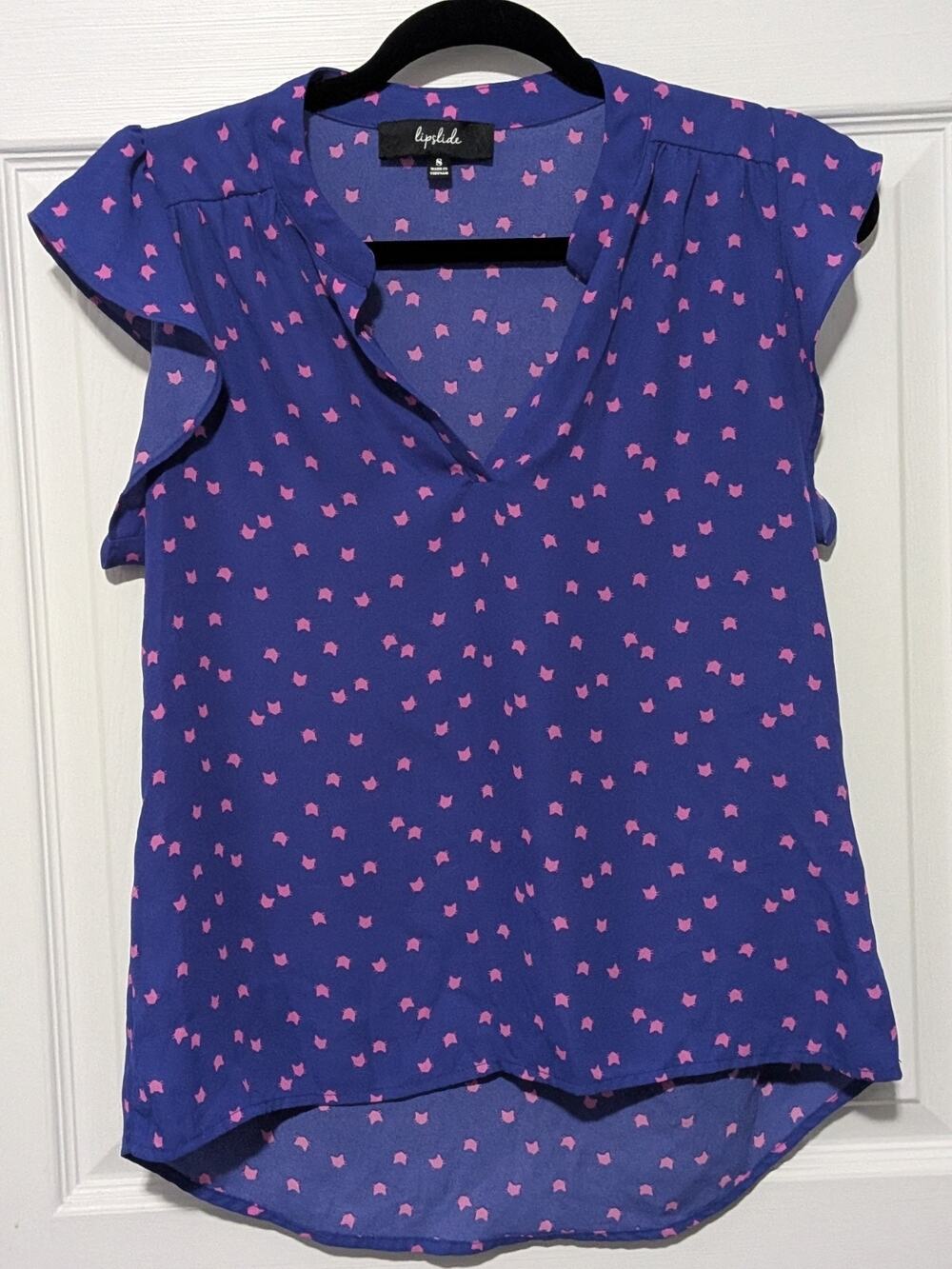 Blue Flutter Sleeve Top Pink Kitty Cat Pattern Blouse Medium EUC Novelty Cute